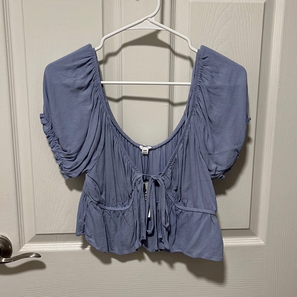 NWT Front Tie Short Sleeve Crop Top in Blue